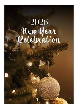 2026 New Year Celebration" poster. Warm photo of a Christmas tree with gold ornaments and lights, overlaid with white text